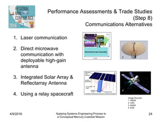 Performance Assessments & Trade Studies
(Step 8)
Communications Alternatives
4/9/2016 Applying Systems Engineering Process to
a Conceptual Mercury CubeSat Mission
24
1. Laser communication
2. Direct microwave
communication with
deployable high-gain
antenna
3. Integrated Solar Array &
Reflectarray Antenna
4. Using a relay spacecraft
Image Sources:
1. NASA
2. USC
3. NASA
4. ESA
1
2
3
4
 