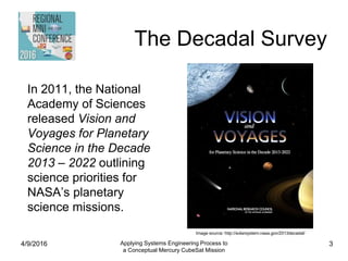 The Decadal Survey
In 2011, the National
Academy of Sciences
released Vision and
Voyages for Planetary
Science in the Decade
2013 – 2022 outlining
science priorities for
NASA’s planetary
science missions.
4/9/2016 Applying Systems Engineering Process to
a Conceptual Mercury CubeSat Mission
3
Image source: http://solarsystem.nasa.gov/2013decadal/
 