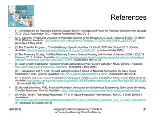 References
• [1] Committee on the Planetary Science Decadel Survey, Voyages and Vision for Planetary Science in the Decade
2013 - 2022, Washington D.C.: National Academies Press, 2011.
• [2] S. Squyres, "Vision and Voyages for Planetary Science in the Decade 2013-2022, Rollout at LPSC," 11 March
2010. [Online]. Available: http://solarsystem.nasa.gov/docs/Squyres_2013_Decadal_Rollout_at_LPSC.pdf .
[Accessed 4 May 2015].
• [3] The CubeSat Program, , "CubeSat Design Specification Rev 13, Final2, PDF File," 6 April 2015. [Online].
Available: http://cubesat.org/images/developers/cds_rev13_final2.pdf . [Accessed 4 May 2015].
• [4] The Planetary Society, "NASA's Planetary Science Division Funding and Number of Missions 2004 - 2020," 9
February 2015. [Online]. Available: http://www.planetary.org/multimedia/space-images/charts/historical-levels-of-
planetary-exploration-funding-fy2003-fy2019.html . [Accessed 6 May 2015].
• [5] Solar System Exploration Research Virtual Institute (SSERVI), "Lunar Flashlight," NASA, [Online]. Available:
http://sservi.nasa.gov/articles/lunar-flashlight/ . [Accessed 6 May 2015].
• [6] P. Banazadeh and A. Frick, “Lunar Flashlight and NEA Scout: A NanoSat Architecture for Deep Space
Exploration," 2014. [Online]. Available: http://www.intersmallsatconference.com/ . [Accessed 6 May 2015].
• [7] R. Staehle and e. al., “Lunar Flashlight: Finding Lunar Volatiles Using CubeSats," 13 November 2013. [Online].
Available: http://sservi.nasa.gov/wp-content/uploads/2014/04/Staehle-presentation-Lunar-Flashlight-20131109.pdf
. [Accessed 6 May 2015].
• [8] Michael Swartwout, PhD, Associate Professor, Aerospace and Mechanical Engineering, Saint Louis University,
CubeSat Database. [Online]. Available: https://sites.google.com/a/slu.edu/swartwout/home/cubesat-database
• [9] NASA, “NASA Technology Roadmaps, TA 2: In-Space Propulsion Technologies”, May 2015 Draft. [Online.]
Available at:
http://www.nasa.gov/sites/default/files/atoms/files/2015_nasa_technology_roadmaps_ta_2_in_space_propulsion.p
df [Accessed 12 October 2015]
4/9/2016 Applying Systems Engineering Process to
a Conceptual Mercury CubeSat Mission
31
 