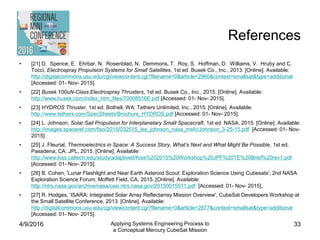 References
• [21] D. Spence, E. Ehrbar, N. Rosenblad, N. Demmons, T. Roy, S. Hoffman, D. Williams, V. Hruby and C.
Tocci, Electrospray Propulsion Systems for Small Satellites, 1st ed. Busek Co., Inc., 2013. [Online]. Available:
http://digitalcommons.usu.edu/cgi/viewcontent.cgi?filename=0&article=2960&context=smallsat&type=additional
[Accessed: 01- Nov- 2015].
• [22] Busek 100uN-Class Electrospray Thrusters, 1st ed. Busek Co., Inc., 2015. [Online]. Available:
http://www.busek.com/index_htm_files/70008516E.pdf [Accessed: 01- Nov- 2015].
• [23] HYDROS Thruster, 1st ed. Bothell, WA: Tethers Unlimited, Inc., 2015. [Online]. Available:
http://www.tethers.com/SpecSheets/Brochure_HYDROS.pdf [Accessed: 01- Nov- 2015].
• [24] L. Johnson, Solar Sail Propulsion for Interplanetary Small Spacecraft, 1st ed. NASA, 2015. [Online]. Available:
http://images.spaceref.com/fiso/2015/032515_les_johnson_nasa_msfc/Johnson_3-25-15.pdf [Accessed: 01- Nov-
2015].
• [25] J. Fleurial, Thermoelectrics in Space: A Success Story, What’s Next and What Might Be Possible, 1st ed.
Pasadena, CA: JPL, 2015. [Online]. Available:
http://www.kiss.caltech.edu/study/adaptiveII/Kiss%202015%20Workshop%20JPF%20TE%20Brief%20rev1.pdf
[Accessed: 01- Nov- 2015].
• [26] B. Cohen, 'Lunar Flashlight and Near Earth Asteroid Scout: Exploration Science Using Cubesats', 2nd NASA
Exploration Science Forum; Moffett Field, CA, 2015. [Online]. Available:
http://ntrs.nasa.gov/archive/nasa/casi.ntrs.nasa.gov/20150015511.pdf [Accessed: 01- Nov- 2015].
• [27] R. Hodges, 'ISARA: Integrated Solar Array Reflectarray Mission Overview', CubeSat Developers Workshop at
the Small Satellite Conference, 2013. [Online]. Available:
http://digitalcommons.usu.edu/cgi/viewcontent.cgi?filename=0&article=2877&context=smallsat&type=additional
[Accessed: 01- Nov- 2015].
4/9/2016 Applying Systems Engineering Process to
a Conceptual Mercury CubeSat Mission
33
 