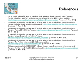 References
• [28] M. Aherne, J. Barrett, L. Hoag, E. Teegarden and R. Ramadas, Aeneas -- Colony I Meets Three-Axis
Pointing, 1st ed. Marina del Rey, CA: Space Engineering Research Center, 2011. [Online]. Available:
http://digitalcommons.usu.edu/cgi/viewcontent.cgi?article=1181&context=smallsat [Accessed: 01- Nov- 2015].
• [29] Messenger.jhuapl.edu, 'MESSENGER: MErcury Surface, Space ENvironment, GEochemistry, and
Ranging - Thermal Design', 2015. [Online]. Available: http://messenger.jhuapl.edu/spacecraft/thermal.html
[Accessed: 01- Nov- 2015].
• [30] Messenger.jhuapl.edu, 'MESSENGER: MErcury Surface, Space ENvironment, GEochemistry, and
Ranging - Power', 2015. [Online]. Available: http://messenger.jhuapl.edu/spacecraft/power.html [Accessed:
01- Nov- 2015].
• [31] Messenger.jhuapl.edu, 'MESSENGER: MErcury Surface, Space ENvironment, GEochemistry, and
Ranging - Mission Design', 2015. [Online]. Available:
http://messenger.jhuapl.edu/the_mission/mission_design.html [Accessed: 01- Nov- 2015].
• [32] Messenger.jhuapl.edu, 'MESSENGER: MErcury Surface, Space ENvironment, GEochemistry, and
Ranging - The Payload Instruments', 2015. [Online]. Available:
http://messenger.jhuapl.edu/instruments/index.html [Accessed: 01- Nov- 2015].
• [33] Messenger.jhuapl.edu, 'MESSENGER: MErcury Surface, Space ENvironment, GEochemistry, and
Ranging - Working from Orbit', 2015. [Online]. Available: http://messenger.jhuapl.edu/the_mission/orbit.html
[Accessed: 01- Nov- 2015].
4/9/2016 Applying Systems Engineering Process to
a Conceptual Mercury CubeSat Mission
34
 