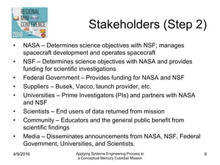 Stakeholders (Step 2)
• NASA – Determines science objectives with NSF; manages
spacecraft development and operates spacecraft
• NSF – Determines science objectives with NASA and provides
funding for scientific investigations
• Federal Government – Provides funding for NASA and NSF
• Suppliers – Busek, Vacco, launch provider, etc.
• Universities – Prime Investigators (PIs) and partners with NASA
and NSF
• Scientists – End users of data returned from mission
• Community – Educators and the general public benefit from
scientific findings
• Media – Disseminates announcements from NASA, NSF, Federal
Government, Universities, and Scientists.
4/9/2016 Applying Systems Engineering Process to
a Conceptual Mercury CubeSat Mission
9
 