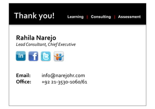 Learning | Consulting | Assessment




Rahila	
  Narejo	
  
Lead	
  Consultant,	
  Chief	
  Executive	
  
	
  


	
  
	
  
	
  
	
  
Email:	
          	
  info@narejohr.com	
  
Oﬃce:	
           	
  +92	
  21-­‐3530-­‐1060/61	
  
 