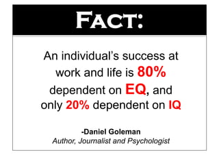 Fact: 	
  
An individual’s success at
   work and life is 80%
 dependent on EQ, and
only 20% dependent on IQ	
  

           -Daniel Goleman	
  
  Author, Journalist and Psychologist
 