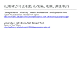 RESOURCES TO EXPLORE PERSONAL MORAL GUIDEPOSTS
Carnegie Mellon University, Career & Professional Development Center
MySelf Values Exercise, Adapted from Taproot
https://www.cmu.edu/career/documents/my-career-path-activities/values-exercise.pdf
University of Notre Dame, Well Being at Work
Exploring Your Values
https://wellbeing.nd.edu/assets/169456/valuesexploration.pdf
 