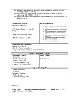 18. Calculate the probability of genotypes and phenotypes of offspring given the
parental genotypes. (LS-H-B3)
19. Describe the processes used in modern biotechnology related to genetic
engineering. (LS-H-B4)(LS-H-B1)
20. Identify possible positive and negative effects of advances in biotechnology. (LS-
H-B4)(LS-H-B1)
Understanding (s)/goals
Students will understand:
1) The Central Dogma of Molecular
Biology
2) How to set up a Punnet Square
3) Mendelian Inheritance Rules
Essential Question(s):
11. Can students differentiate between the structure
of DNA and RNA?
12. Can students identify and apply the base-pairing
rule?
13. Can students identify the purposes of meiosis
and mitosis and w here and when each takes
place?
14. Can students differentiate between haploid and
diploid (2n)?
15. Can students differentiate between the terms
dominant and recessive?
16. Can students apply dominant and recessive
traits to predict probability?
Student objectives (outcomes):
Students will be able to:
1. Set Up a Punnet Square Cross
2. Explain the Central Dogma of Molecular Biology
Stage 2 – Assessment Evidence
Performance Task(s):
1. Warm Up
2. Continue Vocabulary
3. Collect Quiz Review
4. Molecular Biology Video
5. Science Fair Progress Check
Other Evidence:
1. Homework
Stage 3 – Learning Plan
Learning Activities:
1. Warm Up
2. Continue Vocabulary
3. Collect Quiz Review
4. Molecular Biology Video
Wednesday
LessonTopic: ____ Cellular Reproduction/Genetics ____ Grade level:___9-10___
Length of lesson: ___53 Minutes________
 