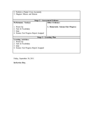 2. Perform a Punnet Cross Accurately
3. Diagram Mitosis and Meiosis
Stage 2 – Assessment Evidence
Performance Task(s):
1. Warm Up
2. Turn In Vocabulary
3. Quiz
4. Science Fair Progress Report Assigned
Other Evidence:
1. Homework- Science Fair Progress
Stage 3 – Learning Plan
Learning Activities:
1. Warm Up
2. Turn In Vocabulary
3. Quiz
4. Science Fair Progress Report Assigned
Friday, September 30, 2011
In-Service Day.
 