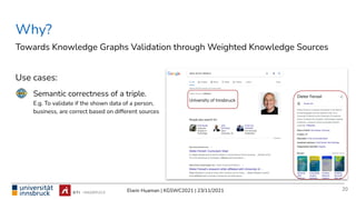 Elwin Huaman | KGSWC2021 | 23/11/2021
Why?
Towards Knowledge Graphs Validation through Weighted Knowledge Sources
Use cases:
Semantic correctness of a triple.
E.g. To validate if the shown data of a person,
business, are correct based on different sources
20
 