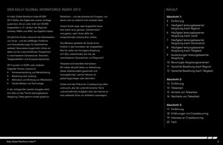 3Kelly Global Workforce Index™
Abschnitt 1:
4	 Einführung
5	 Häufigkeit leistungsbasierter
Vergütung (nach Region)
6	 Häufigkeit leistungsbasierter
Vergütung (nach Land)
7	 Häufigkeit leistungsbasierter
Vergütung (nach Generation)
8	 Häufigkeit leistungsbasierter
Vergütung (nach Tätigkeit)
9	 Auswirkungen leistungsbasierter
Vergütung
10	 Bevorzugte Vergütungsvarianten
11	 Gerechte Bezahlung (nach Region)
12	 Gerechte Bezahlung (nach Tätigkeit)
Abschnitt 2:
13	 Einführung
14	Telearbeit
15	 Vorteile von Telearbeit
16	 Nachteile von Telearbeit
Abschnitt 3:
17	 Einführung
18	 Erfahrungen mit Crowdsourcing
19	 Interesse an Crowdsourcing
20	Fazit
inhalt
Im Kelly Global Workforce Index (KGWI)
2013 fließen die Ergebnisse unserer Umfrage
zusammen, die wir unter mehr als 120.000
Angestellten in 31 Ländern der Regionen
Amerika, EMEA und APAC durchgeführt haben.
Die jährliche Studie untersucht die Arbeitswelten
von heute – und die vielfältigen Probleme
und Herausforderungen für Arbeitnehmer
weltweit. Besonderes Augenmerk richten wir
dabei auf die unterschiedlichen Perspektiven
in verschiedenen Generationen, Branchen,
Tätigkeitsfeldern und Kompetenzbereichen.
2013 wurden im KGWI unter anderem
folgende Themen untersucht:
•	 Karriereentwicklung und Weiterbildung
•	 Bezahlung nach Leistung
•	 Motivation und Bindung von Mitarbeitern
•	 Soziale Medien und Technologie
In der vorliegenden zweiten Ausgabe dreht
sich alles um das Thema leistungsbasierte
Vergütung. Diese gewinnt zurzeit global an
der Kelly Global Workforce Index 2013
Beliebtheit – und das teilweise bei Gruppen, von
denen man es vielleicht nicht erwartet hätte.
Unsere Studie zeigt, dass Angestellte heute
eher bereit sind, gewisse „Gehaltsrisiken“
einzugehen, wenn ihnen dafür bei
entsprechender Leistung Boni winken.
Des Weiteren gestattet die Studie einen
Einblick in das Innenleben der Angestellten:
Wie fair stufen sie ihre eigene Vergütung
ein? Wie unterscheiden sich hier die
verschiedenen Generationen und Regionen?
Telearbeit wird ebenfalls thematisiert.
Wir haben aktuelle Daten zur Verbreitung
dieses Arbeitsmodells gesammelt und
herausgefunden, welche Faktoren es
global begünstigen oder behindern.
Zuletzt wird das Phänomen Crowdsourcing näher
untersucht, also der unternehmerische Trend,
unterschiedlichste Aufgaben über das Internet an
eine weltweite Schar von Anbietern auszulagern.
 