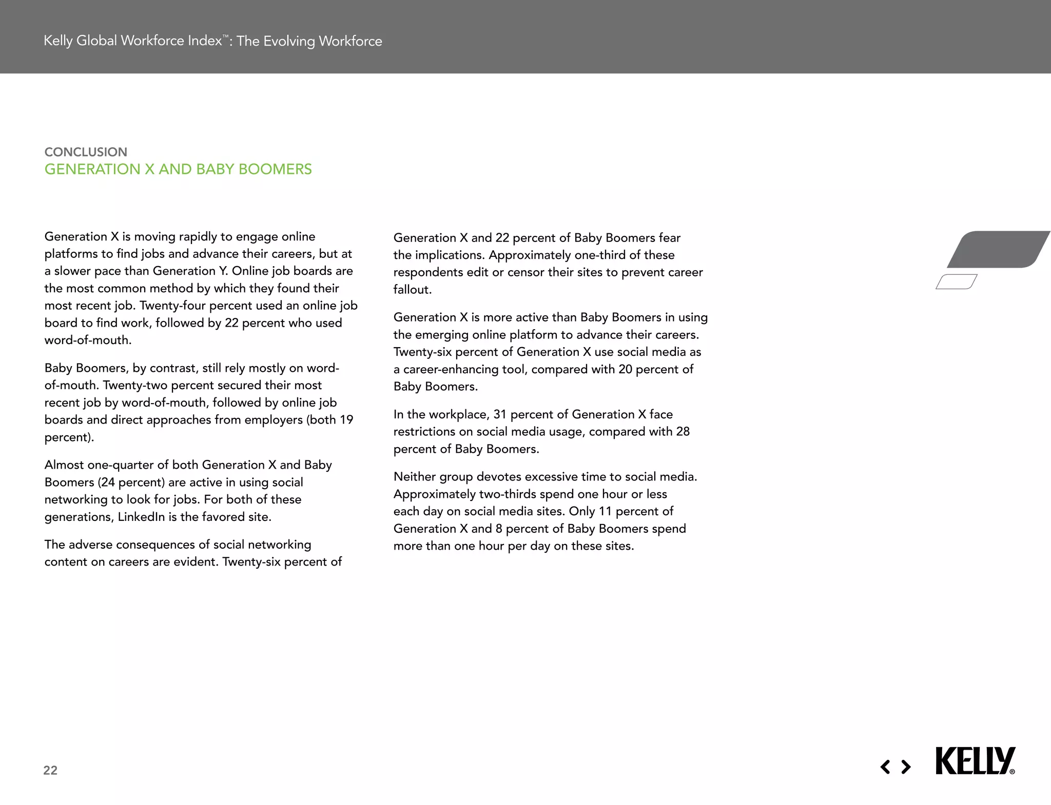 : The Evolving Workforce




conclusion
generation X and BaBY Boomers



generation X is moving rapidly to engage online             generation X and 22 percent of Baby Boomers fear
platforms	to	find	jobs	and	advance	their	careers,	but	at	   the implications. approximately one-third of these
a	slower	pace	than	Generation	Y.	Online	job	boards	are	     respondents edit or censor their sites to prevent career
the most common method by which they found their            fallout.
most	recent	job.	Twenty-four	percent	used	an	online	job	
board to find work, followed by 22 percent who used         generation X is more active than Baby Boomers in using
word-of-mouth.                                              the emerging online platform to advance their careers.
                                                            twenty-six percent of generation X use social media as
Baby Boomers, by contrast, still rely mostly on word-       a career-enhancing tool, compared with 20 percent of
of-mouth. twenty-two percent secured their most             Baby Boomers.
recent	job	by	word-of-mouth,	followed	by	online	job	
boards and direct approaches from employers (both 19        in the workplace, 31 percent of generation X face
percent).                                                   restrictions on social media usage, compared with 28
                                                            percent of Baby Boomers.
almost one-quarter of both generation X and Baby
Boomers (24 percent) are active in using social             neither group devotes excessive time to social media.
networking	to	look	for	jobs.	For	both	of	these	             approximately two-thirds spend one hour or less
generations, linkedin is the favored site.                  each day on social media sites. only 11 percent of
                                                            generation X and 8 percent of Baby Boomers spend
the adverse consequences of social networking               more than one hour per day on these sites.
content on careers are evident. twenty-six percent of




22
 