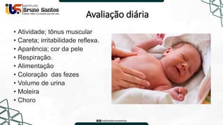 Avaliação diária
• Atividade; tônus ​​muscular
• Careta; irritabilidade reflexa.
• Aparência; cor da pele
• Respiração.
• Alimentação
• Coloração das fezes
• Volume de urina
• Moleira
• Choro
 