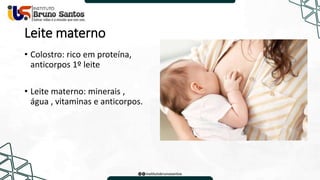 Leite materno
• Colostro: rico em proteína,
anticorpos 1º leite
• Leite materno: minerais ,
água , vitaminas e anticorpos.
 