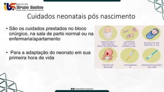 Cuidados neonatais pós nascimento
• São os cuidados prestados no bloco
cirúrgico, na sala de parto normal ou na
enfermaria/apartamento
• Para a adaptação do neonato em sua
primeira hora de vida
 