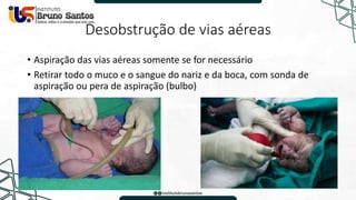 Desobstrução de vias aéreas
• Aspiração das vias aéreas somente se for necessário
• Retirar todo o muco e o sangue do nariz e da boca, com sonda de
aspiração ou pera de aspiração (bulbo)
 