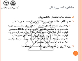 ‫رايگاى‬ ‫ضغلی‬ ُ‫هطاٍر‬
‫داًشجَياى‬ ‫اشتغال‬ ‫ّای‬ ِ‫دغدغ‬
‫شغلی‬ ‫ّای‬ ‫فرصت‬ ‫جديدتريي‬ ‫از‬ ‫داًشجَياى‬ ‫آگاّی‬ ‫عدم‬
o‫اًدازی‬ ُ‫را‬‫رايگاى‬ ‫ضغلی‬ ُ‫هطاٍر‬ ‫خذهات‬ُ‫حَز‬ ‫داًشجَياى‬ ‫برای‬
‫صٌايع‬ ‫هٌْدسی‬ ٍ ‫هديريت‬ ‫ّای‬(،ُ‫پرٍش‬ ‫هديريت‬HSE‫هٌْدسی‬ ،
‫هديريت‬ ،‫فرٍش‬ ٍ ‫بازاريابی‬ ،‫اًساًی‬ ‫هٌابع‬ ،‫سازهاًی‬ ‫تعالی‬ ،‫کيفيت‬
،‫هالی‬ ‫هدير‬ ،‫اقتصادی‬ ‫ارزيابی‬ ٍ ‫سٌجی‬ ‫اهکاى‬ ‫هطالعات‬ ،‫کيفيت‬
ٍ ‫تَليد‬ ‫هديريت‬ ،‫اًرشی‬ ‫هديريت‬ ،ٌِ‫ّسي‬ ‫هديريت‬ ،‫قراردادّا‬ ‫هديريت‬
‫هٌْدسی‬ ‫فٌی‬ ‫افسارّای‬ ‫ًرم‬ ٍ ،‫اًبار‬)
‫از‬ ‫گيری‬ ُ‫بْر‬‫غٌعت‬ ‫هتخػػيي‬ ‫تزيي‬ ‫هجزب‬
 