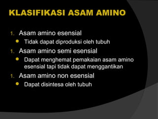 KLASIFIKASI ASAM AMINO
1.

Asam amino esensial
 Tidak dapat diproduksi oleh tubuh

1.

Asam amino semi esensial
 Dapat menghemat pemakaian asam amino

esensial tapi tidak dapat menggantikan
1.

Asam amino non esensial
 Dapat disintesa oleh tubuh

 