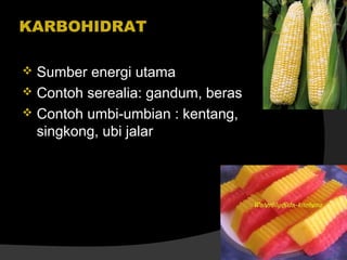 KARBOHIDRAT
Sumber energi utama
 Contoh serealia: gandum, beras
 Contoh umbi-umbian : kentang,
singkong, ubi jalar


 