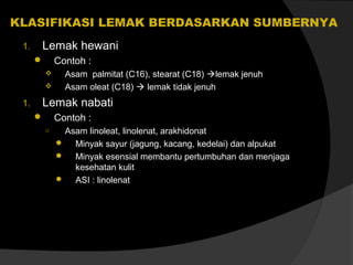 KLASIFIKASI LEMAK BERDASARKAN SUMBERNYA
1.

Lemak hewani
Contoh :





1.

Asam palmitat (C16), stearat (C18) lemak jenuh
Asam oleat (C18)  lemak tidak jenuh

Lemak nabati
Contoh :


○

Asam linoleat, linolenat, arakhidonat
 Minyak sayur (jagung, kacang, kedelai) dan alpukat
 Minyak esensial membantu pertumbuhan dan menjaga
kesehatan kulit
 ASI : linolenat

 