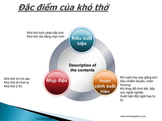 www.themegallery.com
Company Logo
Description of
the contents
Khó thở kịch phát cấp tính
Khó thở dai dẳng mạn tính
Khó thở thì hít vào
Khó thở thì thở ra
Khó thở 2 thì
Khi nghỉ hay sau gắng sức
Sau nhiễm khuẩn, chấn
thương
Khi thay đổi thời tiết, tiếp
xúc nghề nghiệp
Xuất hiện đột ngột hay từ
từ
Kiểu xuất
hiện
Nhịp điệu Hoàn
cảnh xuất
hiện
 