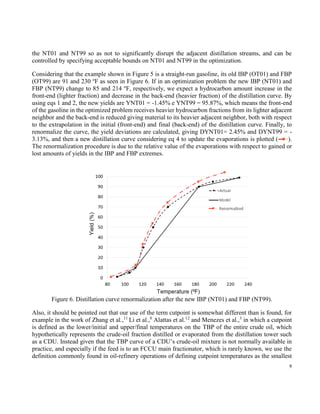 9
the NT01 and NT99 so as not to significantly disrupt the adjacent distillation streams, and can be
controlled by specifying acceptable bounds on NT01 and NT99 in the optimization.
Considering that the example shown in Figure 5 is a straight-run gasoline, its old IBP (OT01) and FBP
(OT99) are 91 and 230 o
F as seen in Figure 6. If in an optimization problem the new IBP (NT01) and
FBP (NT99) change to 85 and 214 o
F, respectively, we expect a hydrocarbon amount increase in the
front-end (lighter fraction) and decrease in the back-end (heavier fraction) of the distillation curve. By
using eqs 1 and 2, the new yields are YNT01 = -1.45% e YNT99 = 95.87%, which means the front-end
of the gasoline in the optimized problem receives heavier hydrocarbon fractions from its lighter adjacent
neighbor and the back-end is reduced giving material to its heavier adjacent neighbor, both with respect
to the extrapolation in the initial (front-end) and final (back-end) of the distillation curve. Finally, to
renormalize the curve, the yield deviations are calculated, giving DYNT01= 2.45% and DYNT99 = -
3.13%, and then a new distillation curve considering eq 4 to update the evaporations is plotted ( ).
The renormalization procedure is due to the relative value of the evaporations with respect to gained or
lost amounts of yields in the IBP and FBP extremes.
Figure 6. Distillation curve renormalization after the new IBP (NT01) and FBP (NT99).
Also, it should be pointed out that our use of the term cutpoint is somewhat different than is found, for
example in the work of Zhang et al.,11
Li et al.,8
Alattas et al.12
and Menezes et al.,3
in which a cutpoint
is defined as the lower/initial and upper/final temperatures on the TBP of the entire crude oil, which
hypothetically represents the crude-oil fraction distilled or evaporated from the distillation tower such
as a CDU. Instead given that the TBP curve of a CDU’s crude-oil mixture is not normally available in
 