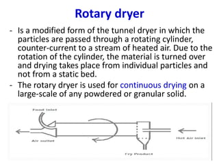 - Is a modified form of the tunnel dryer in which the
particles are passed through a rotating cylinder,
counter-current to a stream of heated air. Due to the
rotation of the cylinder, the material is turned over
and drying takes place from individual particles and
not from a static bed.
- The rotary dryer is used for continuous drying on a
large-scale of any powdered or granular solid.
21
Rotary dryer
 