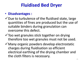 • Disadvantages :
Due to turbulence of the fluidised state, large
quantities of fines are produced but the use of
suitable binders during granulation can
overcome this defect.
Too wet granules stick together on drying
therefore too wet granules must not be used.
Many organic powders develop electrostatic
charges during fluidisation so efficient
electrical earthing of the drying chamber and
the cloth filters is necessary.
25
Fluidised Bed Dryer
 