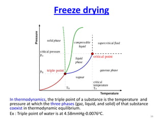Freeze drying
In thermodynamics, the triple point of a substance is the temperature and
pressure at which the three phases (gaz, liquid, and solid) of that substance
coexist in thermodynamic equilibrium.
Ex : Triple point of water is at 4.58mmHg-0.0076oC.
34
 