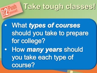 More in-depth and faster-pacedHonors
Classes
Earn college credit if you take the
AP test and score well
Advanced
Placement
Earn college credit through a
participating college
Dual
Credit
“To be even more prepared,
take these kinds of classes.”
 