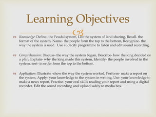  Knowledge: Define- the Feudal system, List the system of land sharing, Recall- the
format of the system, Name- the people form the top to the bottom, Recognize- the
way the system is used. Use audacity programme to listen and edit sound recording.
 Comprehension: Discuss- the way the system began, Describe- how the king decided on
a plan, Explain- why the king made this system, Identify- the people involved in the
system, sort- in order form the top to the bottom.
 Application: Illustrate -show the way the system worked, Perform- make a report on
the system, Apply- your knowledge to the system in writing, Use- your knowledge to
make a news report, Practise- your oral skills reading your report and using a digital
recorder. Edit the sound recording and upload safely to media box.
Learning Objectives
 