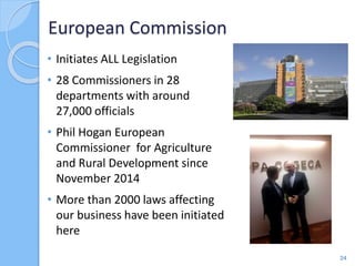 European Commission
24
• Initiates ALL Legislation
• 28 Commissioners in 28
departments with around
27,000 officials
• Phil Hogan European
Commissioner for Agriculture
and Rural Development since
November 2014
• More than 2000 laws affecting
our business have been initiated
here
 