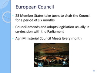 • 28 Member States take turns to chair the Council
for a period of six months.
• Council amends and adopts legislation usually in
co-decision with the Parliament
• Agri Ministerial Council Meets Every month
European Council
25
 