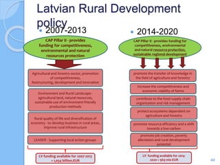 Latvian Rural Development
policy
 2007-2013  2014-2020
40
CAP Pillar II - provides
funding for competitiveness,
environmental and natural
resources protection
Agricultural and forestry sector, promotion
of competitiveness,
Restructuring, development and innovation
Environment and Rural Landscape -
agricultural land, natural resources,
sustainable use of environment-friendly
production methods
Rural quality of life and diversification of
economy - to develop business in rural areas,
improve rural infrastructure
LEADER - Supporting local action groups
LV funding available for 2007-2013
= 1,054 billion.EUR
promote the transfer of knowledge in
the field of agriculture and forestry
increase the competitiveness and
economic viability of farms
contribute to the food supply chain
organization and risk management
protect ecosystems dependent on
agriculture and forestry
promote resource efficiency and a shift
towards a low-carbon
promote job creation, poverty
alleviation and rural development
potential
LV funding available for 2014-
2020 = 969 mio EUR
 