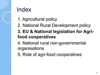 Index
1. Agricultural policy
2. National Rural Development policy
3. EU & National legislation for Agri-
food cooperatives
4. National rural non-governmental
organisations
5. Role of agri-food cooperatives
46
 
