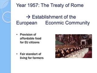 Year 1957: The Treaty of Rome
 Establishment of the
European Econmic Community
• Provision of
affordable food
for EU citizens
• Fair standart of
living for farmers
 