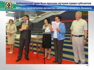 Хабаровский край был признан лучшим среди субъектов
ДФО по показателям развития малого и среднего бизнеса
14
 