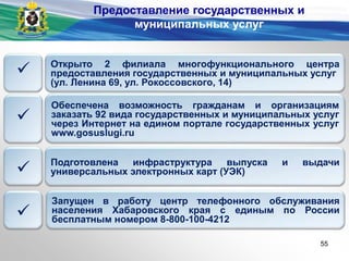 Открыто 2 филиала многофункционального центра
предоставления государственных и муниципальных услуг
(ул. Ленина 69, ул. Рокоссовского, 14)
Обеспечена возможность гражданам и организациям
заказать 92 вида государственных и муниципальных услуг
через Интернет на едином портале государственных услуг
www.gosuslugi.ru
Подготовлена инфраструктура выпуска и выдачи
универсальных электронных карт (УЭК)
Запущен в работу центр телефонного обслуживания
населения Хабаровского края с единым по России
бесплатным номером 8-800-100-4212




Предоставление государственных и
муниципальных услуг
55
 