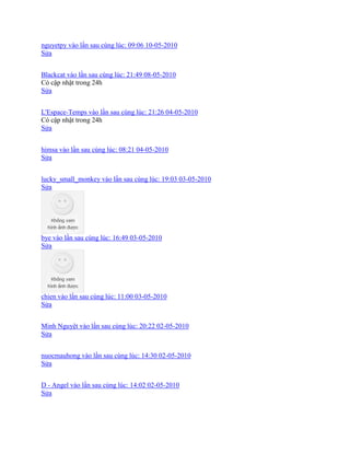 nguyetpy vào lần sau cùng lúc: 09:06 10-05-2010
Sửa
Blackcat vào lần sau cùng lúc: 21:49 08-05-2010
Có cập nhật trong 24h
Sửa
L'Espace-Temps vào lần sau cùng lúc: 21:26 04-05-2010
Có cập nhật trong 24h
Sửa
himsa vào lần sau cùng lúc: 08:21 04-05-2010
Sửa
lucky_small_monkey vào lần sau cùng lúc: 19:03 03-05-2010
Sửa
bye vào lần sau cùng lúc: 16:49 03-05-2010
Sửa
chien vào lần sau cùng lúc: 11:00 03-05-2010
Sửa
Minh Nguyệt vào lần sau cùng lúc: 20:22 02-05-2010
Sửa
nuocmauhong vào lần sau cùng lúc: 14:30 02-05-2010
Sửa
D - Angel vào lần sau cùng lúc: 14:02 02-05-2010
Sửa
 