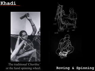 Khadi
Roving & Spinning
The traditional‘Charkha’
or the hand spinning wheel.
 
