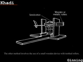 Khadi
Ginning
The other method involves the use of a small wooden device with toothed rollers.
 