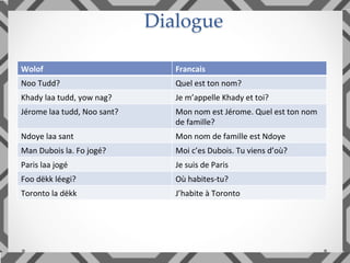 Dialogue	
Wolof	 Francais	
Noo	Tudd?	 Quel	est	ton	nom?	
Khady	laa	tudd,	yow	nag?	 Je	m’appelle	Khady	et	toi?	
Jérome	laa	tudd,	Noo	sant?	 Mon	nom	est	Jérome.	Quel	est	ton	nom	
de	famille?	
Ndoye	laa	sant	 Mon	nom	de	famille	est	Ndoye	
Man	Dubois	la.	Fo	jogé?	 Moi	c’es	Dubois.	Tu	viens	d’où?	
Paris	laa	jogé	 Je	suis	de	Paris	
Foo	dëkk	léegi?	 Où	habites-tu?	
Toronto	la	dëkk	 J’habite	à	Toronto	
 