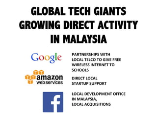 GLOBAL TECH GIANTS
GROWING DIRECT ACTIVITY
IN MALAYSIA
PARTNERSHIPS  WITH  
LOCAL  TELCO  TO  GIVE  FREE  
WIRELESS  INTER...