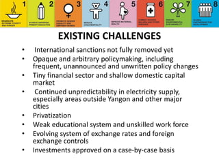 EXISTING CHALLENGES
• International sanctions not fully removed yet
• Opaque and arbitrary policymaking, including
frequent, unannounced and unwritten policy changes
• Tiny financial sector and shallow domestic capital
market
• Continued unpredictability in electricity supply,
especially areas outside Yangon and other major
cities
• Privatization
• Weak educational system and unskilled work force
• Evolving system of exchange rates and foreign
exchange controls
• Investments approved on a case-by-case basis
 