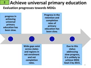 Achieve universal primary education
progress in
achieving
universal
primary
education has
been slow.
Wide gaps exist
across states
and regions in
net enrolment
and net
completion
rates.
Progress in the
retention and
completion
rates of
primary
education has
been slow.
Due to this
status
addressing
slow progress,
it is unlikely to
achieve MDG
Goal 2 by 2015.
2
Evaluation progresses towards MDGs
23
 