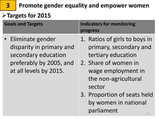 Promote gender equality and empower women3
Goals and Targets Indicators for monitoring
progress
• Eliminate gender
disparity in primary and
secondary education
preferably by 2005, and
at all levels by 2015.
1. Ratios of girls to boys in
primary, secondary and
tertiary education
2. Share of women in
wage employment in
the non-agricultural
sector
3. Proportion of seats held
by women in national
parliament
Targets for 2015
31
 