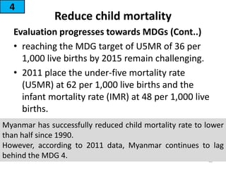Reduce child mortality
Evaluation progresses towards MDGs (Cont..)
• reaching the MDG target of U5MR of 36 per
1,000 live births by 2015 remain challenging.
• 2011 place the under-five mortality rate
(U5MR) at 62 per 1,000 live births and the
infant mortality rate (IMR) at 48 per 1,000 live
births.
4
40
Myanmar has successfully reduced child mortality rate to lower
than half since 1990.
However, according to 2011 data, Myanmar continues to lag
behind the MDG 4.
 