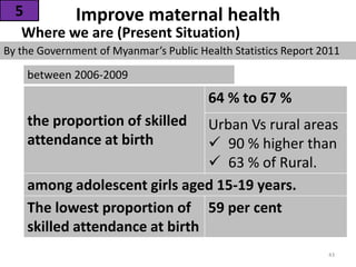 Improve maternal health
Where we are (Present Situation)
5
the proportion of skilled
attendance at birth
64 % to 67 %
Urban Vs rural areas
 90 % higher than
 63 % of Rural.
among adolescent girls aged 15-19 years.
The lowest proportion of
skilled attendance at birth
59 per cent
By the Government of Myanmar’s Public Health Statistics Report 2011
between 2006-2009
43
 