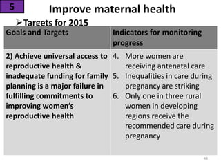 Improve maternal health
Targets for 2015
5
Goals and Targets Indicators for monitoring
progress
2) Achieve universal access to
reproductive health &
inadequate funding for family
planning is a major failure in
fulfilling commitments to
improving women’s
reproductive health
4. More women are
receiving antenatal care
5. Inequalities in care during
pregnancy are striking
6. Only one in three rural
women in developing
regions receive the
recommended care during
pregnancy
48
 