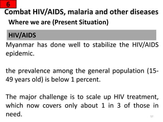 Combat HIV/AIDS, malaria and other diseases
Where we are (Present Situation)
6
Myanmar has done well to stabilize the HIV/AIDS
epidemic.
the prevalence among the general population (15-
49 years old) is below 1 percent.
The major challenge is to scale up HIV treatment,
which now covers only about 1 in 3 of those in
need.
HIV/AIDS
57
 