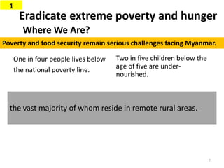 Eradicate extreme poverty and hunger
One in four people lives below
the national poverty line.
Two in five children below the
age of five are under-
nourished.
Where We Are?
Poverty and food security remain serious challenges facing Myanmar.
the vast majority of whom reside in remote rural areas.
1
7
 