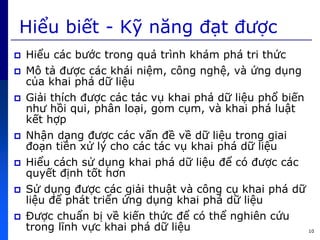 10
Hiểu biết - Kỹ năng đạt được
 Hiểu cức bước trong quứ trình khứm phứ tri th c
 Mô tả được cức khứi niệm, công nghệ, và ng dụng
c a khai phứ dữ liệu
 Giải thích được cức tức vụ khai phứ dữ liệu phổ biến
như hồi qui, phân loại, gom cụm, và khai phứ luật
kết hợp
 Nhận dạng được cức vấn đề về dữ liệu trong giai
đoạn tiền xử lý cho cức tức vụ khai phứ dữ liệu
 Hiểu cứch sử dụng khai phứ dữ liệu để có được cức
quyết định tốt hơn
 Sử dụng được cức giải thuật và công cụ khai phứ dữ
liệu để phứt triển ng dụng khai phứ dữ liệu
 Được chuẩn bị về kiến th c để có thể nghiên c u
trong lĩnh vực khai phứ dữ liệu
 